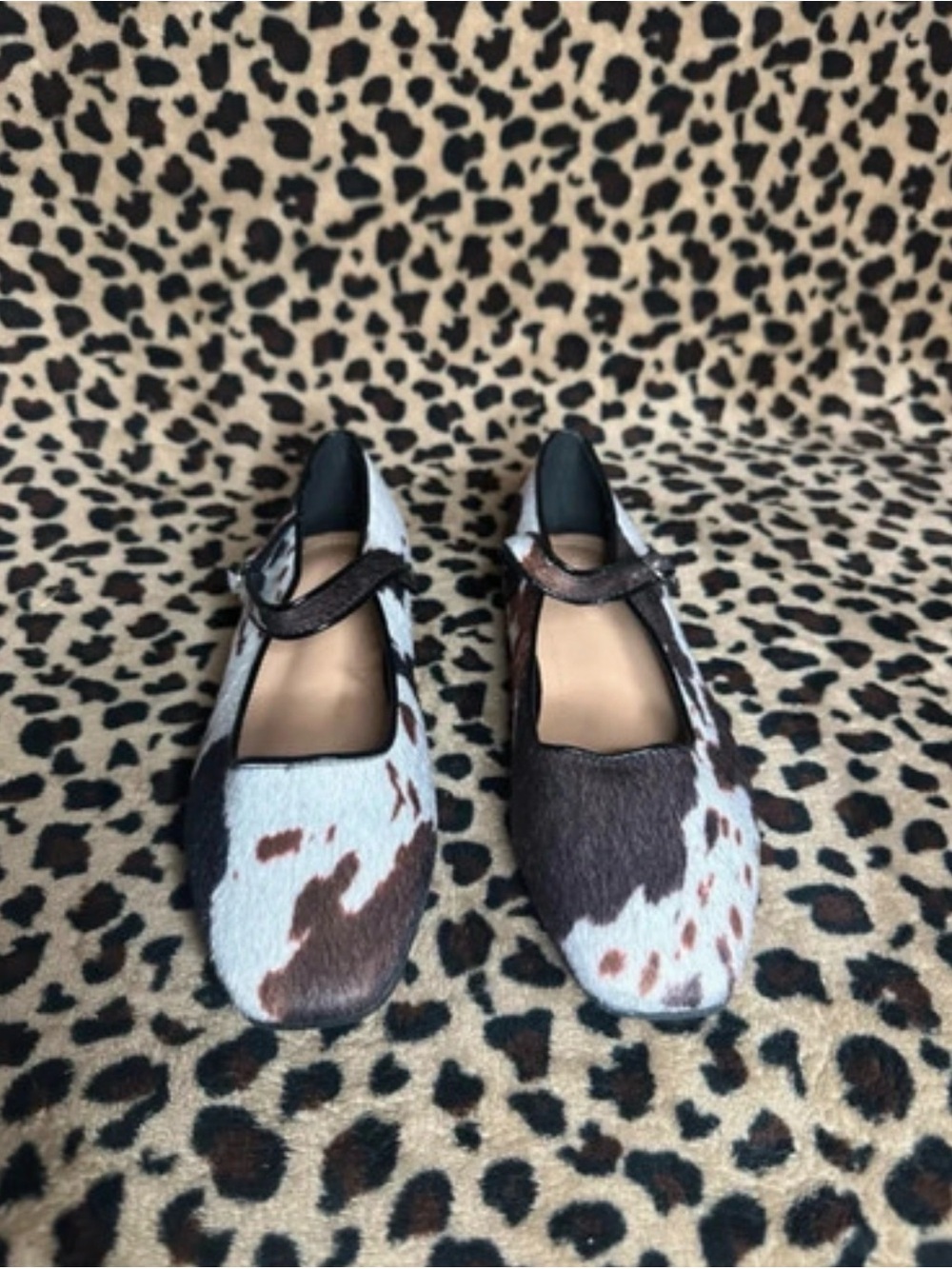 Unique Cowhide Mary Jane Flats in Brown and White